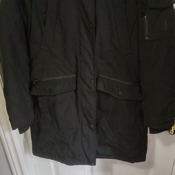 Mint! Calvin Klein Faux Fur Trimmed Down Parka Jacket Black Size Medium - READ - Picture 7 of 9